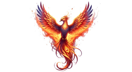 Majestic fiery phoenix rising with wings spread wide isolated on transparent background