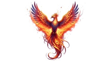 Majestic fiery phoenix rising with wings spread wide isolated on transparent background