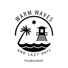 Summer beach emblem with palm tree, waves, sun, lifeguard tower