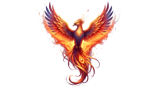 Majestic fiery phoenix rising with wings spread wide isolated on transparent background