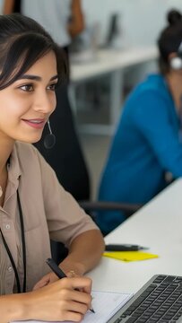Vertical video: Answering call, female call agent jotting notes at office desk with pen, copy space