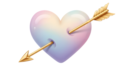 Golden cupid s arrow piercing a soft pastel heart isolated on transparent background