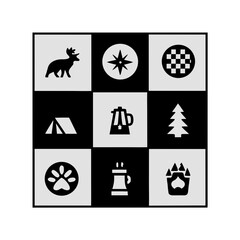 Monochrome outdoor adventure and nature camping icons grid art