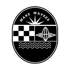 Retro surf inspired emblem with sun, checkerboard, surfboard, waves