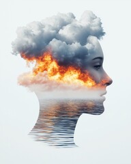 Surreal Portrait of a Woman with Cloud and Fire Element in Profile Over Water Reflection
