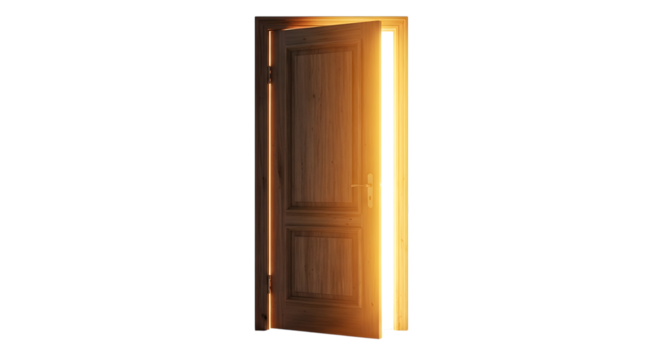 A tall narrow illuminated wooden door with a subtle grain texture isolated on transparent background