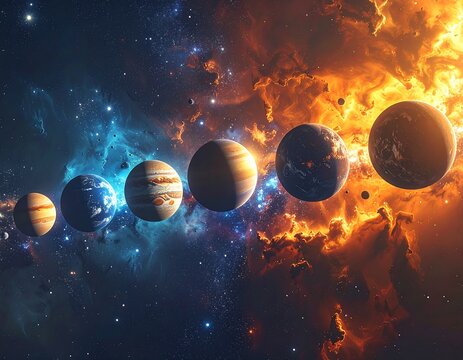 A row of planets set against a backdrop of cosmic nebula