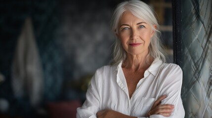 An elderly woman in a white blouse stands confidently with her arms crossed, expressing a strong presence in the cozy room. This elderly woman creates an inviting atmosphere with h