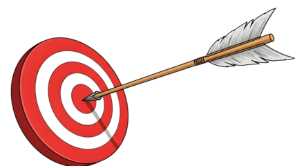 Red and white circular target with an arrow perfectly hitting the bullseye isolated on transparent background