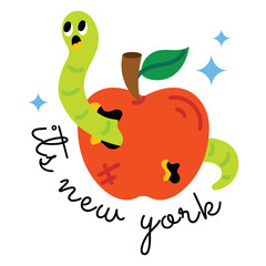 Cute Cartoon Green Worm Crawling Out Of A Big Red Apple With Sparkles And It's New York Text In A Whimsical Style
