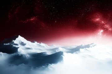 Surreal Alien Landscape: Majestic Snowy Mountains Under a Crimson Sky