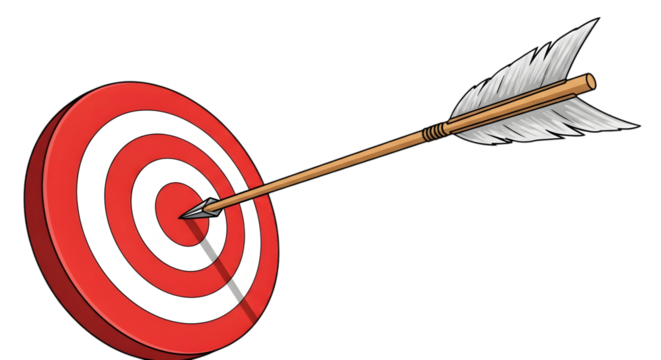 Red and white circular target with an arrow perfectly hitting the bullseye isolated on transparent background