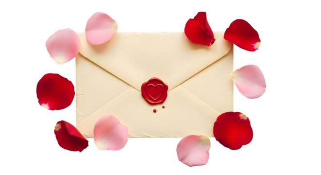 Elegant cream envelope sealed with red wax and surrounded by delicate pink and red rose petals isolated on transparent background