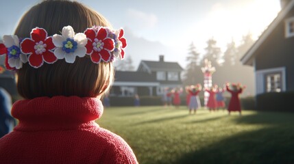 Child Observes Traditional Celebration with Flower Crown in Scandinavian Village