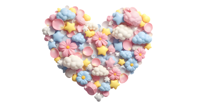 Whimsical heart shape composed of pastel candies and marshmallows isolated on transparent background