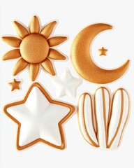 Golden Sun, Moon, Stars, and Cactus: Minimalistic 3D Shapes on White Background
