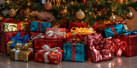 Festive scene with wrapped gifts in shiny red blue and gold under decorated Christmas tree