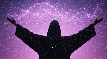 Mystical Sorcerer Conjuring Cosmic Energy with Hooded Robe Under Starry Purple Galaxy