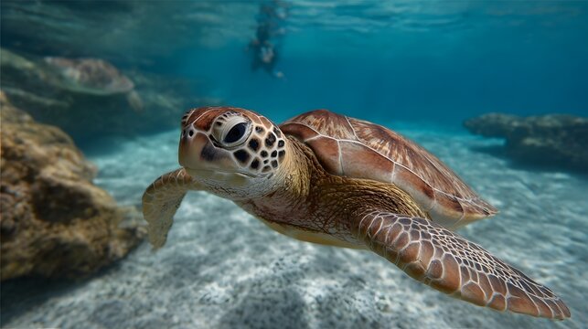 A close up view of a sea turtle swimming gracefully in clear blue ocean water with other turtles and a diver visible in the background