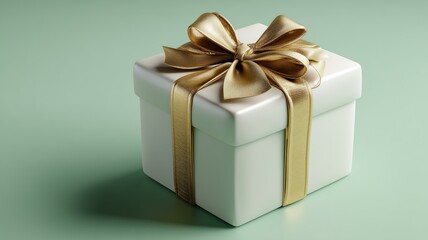 Obraz premium Minimalist white gift box with shiny gold ribbon and bow placed on smooth mint green background with soft light and elegant simplicity