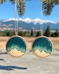 Handcrafted Ornaments with Mountain View: Nature-Inspired Decor Under Pine Branches