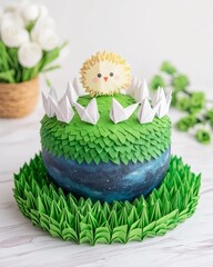 Colorful Hedgehog Cake with Origami Details in Nature-Inspired Setting