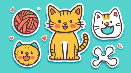 Cute Cartoon Cats and Yarn Stickers on Teal Background