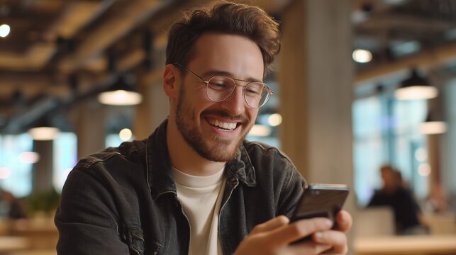 In a lively coworking space, a young man wearing a denim jacket is intently focused on his smartphone, shopping online. The modern interior and his engagement create an energetic a