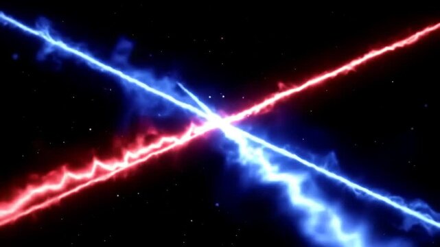 Abstract Duel of Cosmic Energy: Red vs Blue Plasma Beams Colliding in the Void of Space
