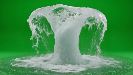 Dynamic white liquid splash erupting upwards, captured on a vibrant green screen for special effects