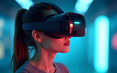 Young beautiful woman in a VR headset. Metaverse concept. Generative AI. High quality