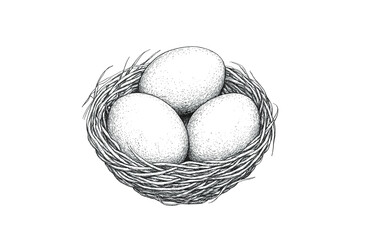 Nest with eggs, sketch. Vintage retro print, hand-drawn illustration nest, eggs, engraving, detailed drawing, eggs nest. Black ink, simple lines, sketch style, line art, graphic design. Illustration