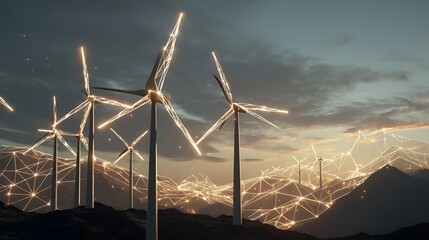 A serene landscape featuring illuminated wind turbines against a twilight sky with a digital network overlay