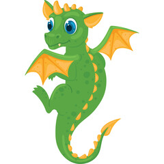 Cute cartoon green dragon with orange wings and blue eyes posing happily isolated on transparent background, fantasy creature, playful mythical animal, digital art