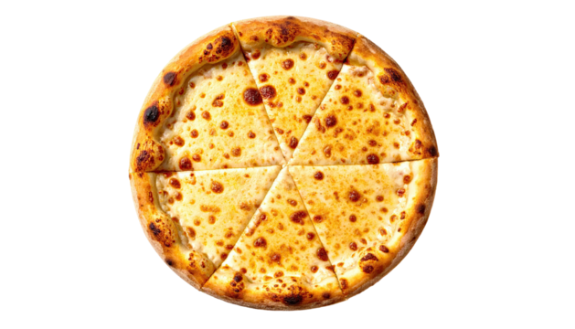 Sliced, cheesy pizza. Circular, golden crust. Top view