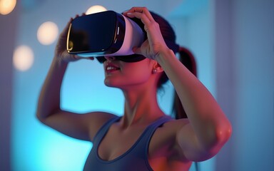 Young woman  in a virtual reality fitness activity using a VR , Generative AI. High quality