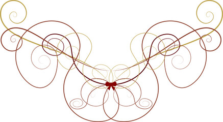 An elegant, ornate vector decorative ornament featuring a symmetrical arrangement of swirling gold and deep burgundy flourishes, centered by a tiny festive ribbon bow.