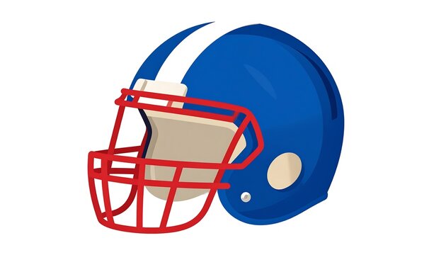Blue American Football Helmet with Red Facemask on White Background.