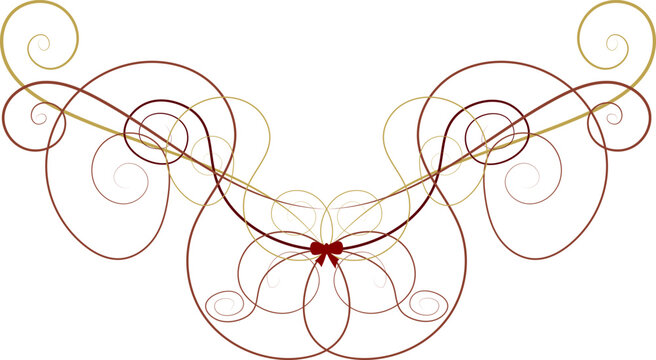 An elegant, ornate vector decorative ornament featuring a symmetrical arrangement of swirling gold and deep burgundy flourishes, centered by a tiny festive ribbon bow.