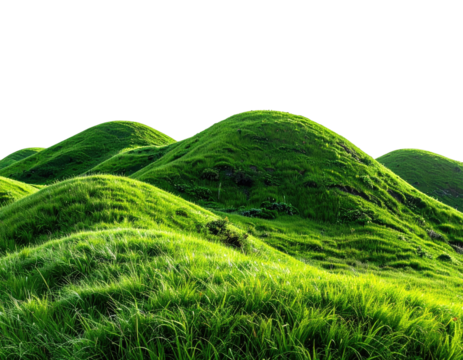 Grassy hills, bright green slopes against stark black sky