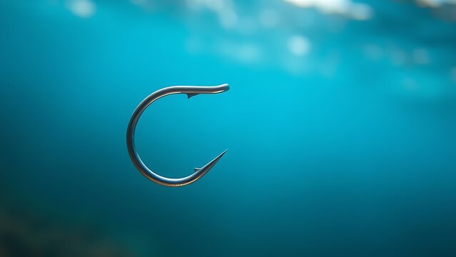 limnetic. Close-up of a metallic fish hook submerged in clear blue water. wildlife magazines, conservation campaigns, designed for eco-tourism storytelling, celebrates biodiversity.
