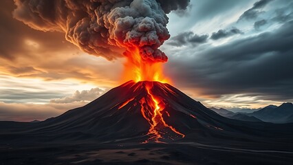 propelled. Volcanic eruption with ash and rocks against dramatic sky, wide landscape, earthy tones. ESG reports.