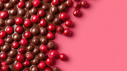 Colorful assortment of chocolate-covered candies and red sweets on a pink background, perfect for desserts