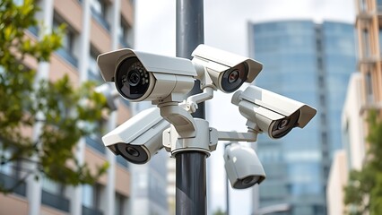 rotating. Rotating surveillance camera on urban street pole, modern technology in city setting. product launch decks, UI/UX mockups, designed for data visualization dashboards and holographic UIs.