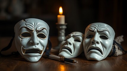 comedy. Broken comedy and tragedy masks on a wooden table, burnt candle and quill. symbolizing life milestones and joyful moments.