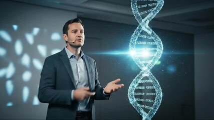 shot of presenter gesturing toward floating holographic DNA structure in conference setting. Neutral background, cool light reflections, 4K HDR modern visual - Powered by Adobe