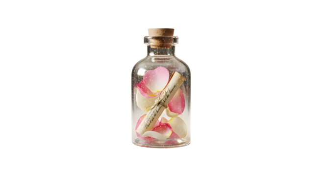 A small glass bottle with a cork stopper containing a rolled up message and pink petals isolated on transparent background