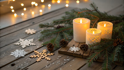 Rustic wooden table with glowing christmas candles pine branches and snowflakes background for festive design