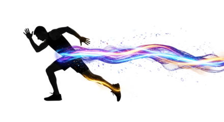 Silhouette of a runner with vibrant energy trail emanating from body isolated on transparent background