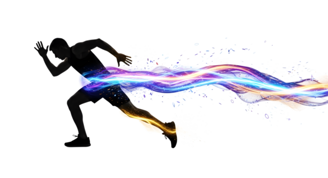Silhouette of a runner with vibrant energy trail emanating from body isolated on transparent background